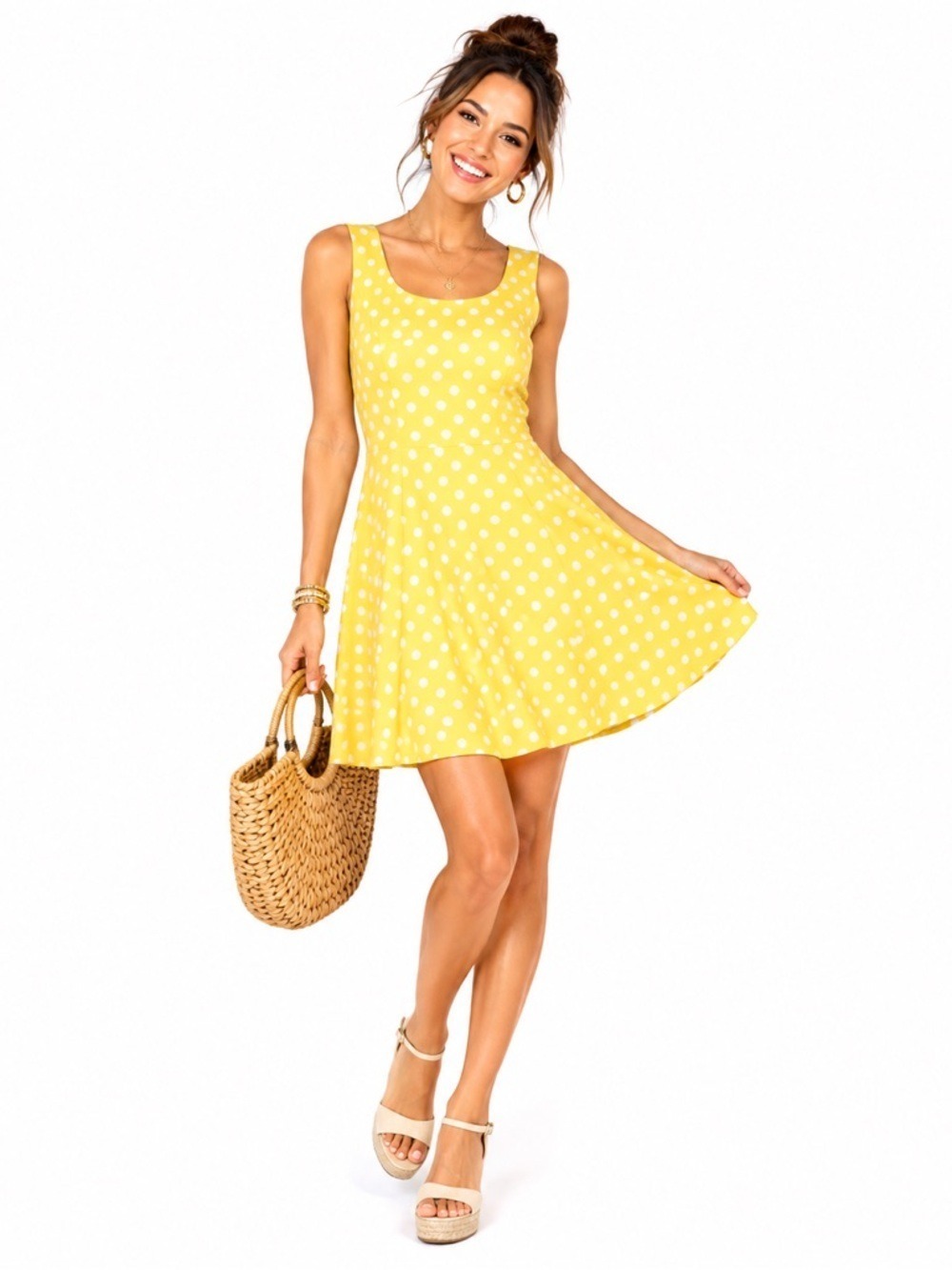 Jones Women's Size 8 Yellow Polka Dot Fit and Flare Sleeveless Dress